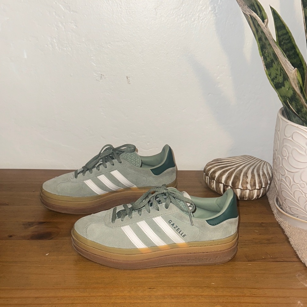 adidas Gazelle Suede Sneakers in Sage Green & White with Gum Sole